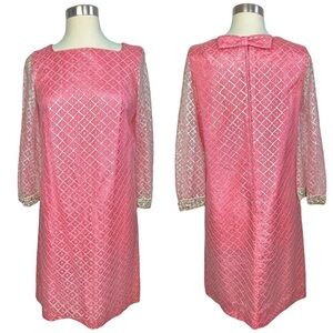 Vintage 60s Mod Retro Pink & Silver Lace Shift Dress | Preppy Coquette‎ Midi M